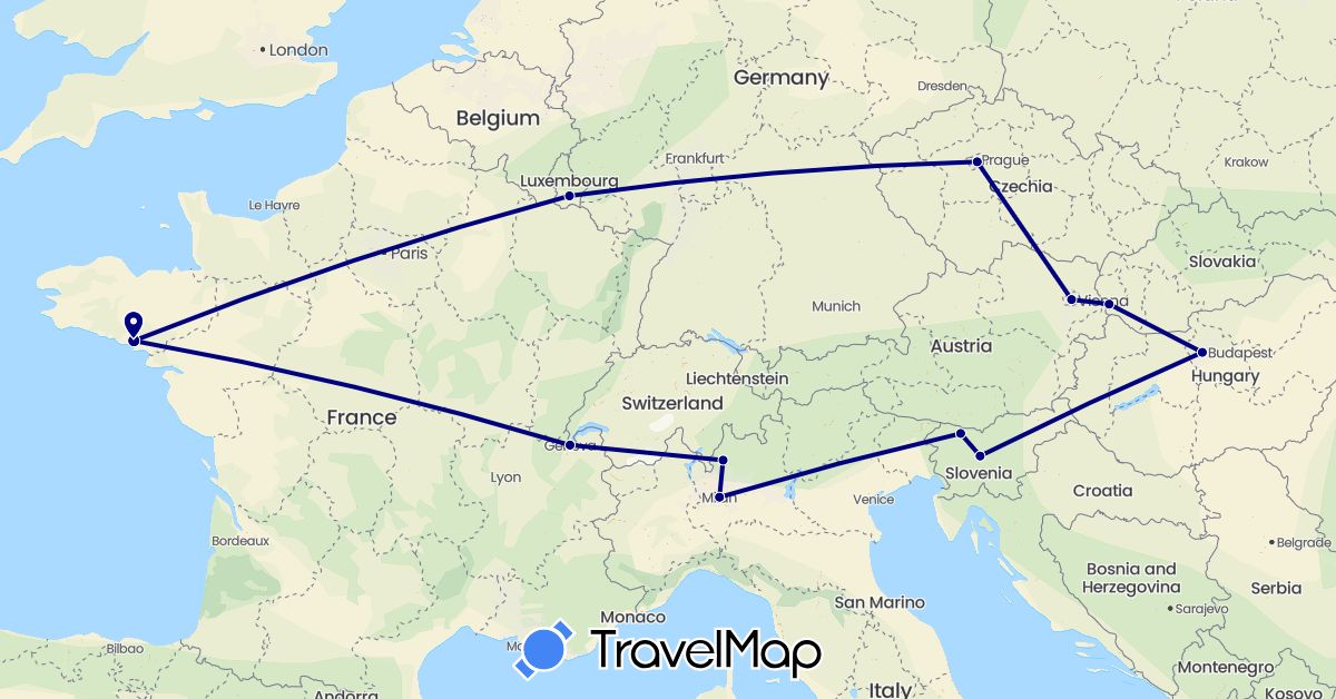 TravelMap itinerary: driving in Austria, Switzerland, Czech Republic, France, Hungary, Italy, Luxembourg, Slovenia, Slovakia (Europe)
